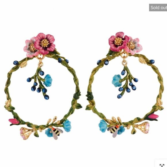 ROSE D'ORIENT LARGE HOOPS WITH FLOWERS, BERRIES & BEE EARRINGS - Picture 1 of 3